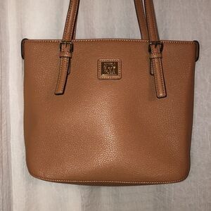 AK Camel Faux Leather Mid Size Tote with Gold Tone Hardware Black Ivory Polka